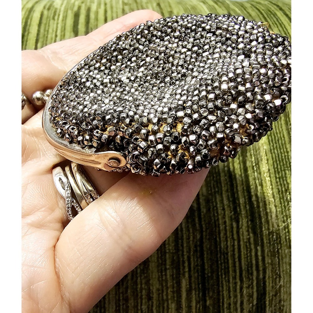 Antique Coin Purse, Silver Beading, Kiss Clasp, Tiny Wallet - Picture 5 of 6